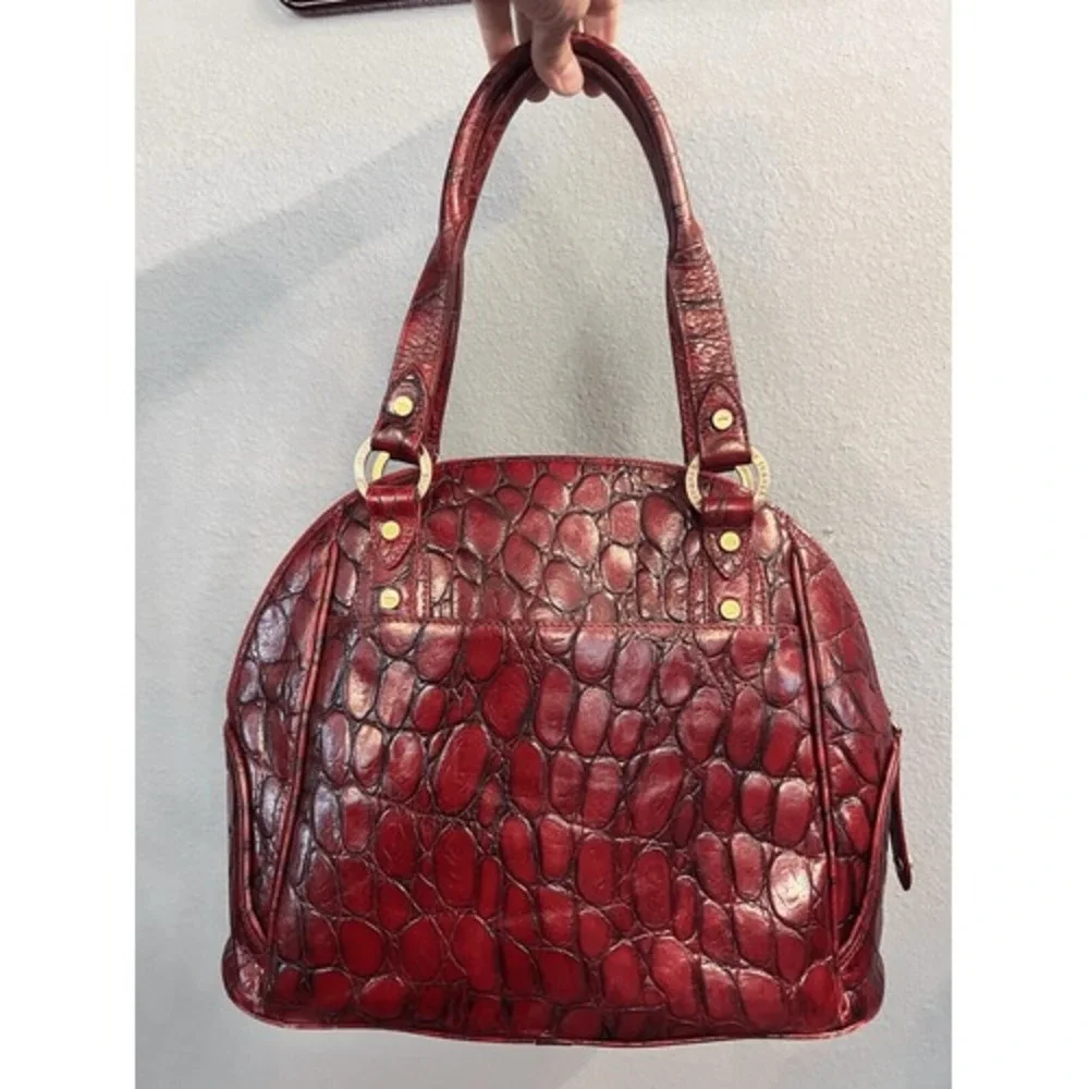 Elaine Turner Red Crocodile Embossed Leather Satchel Handbag Gold Hardware‎
